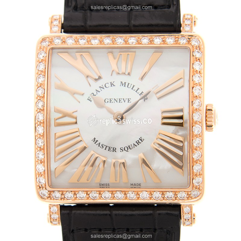 Elegant Franck Muller 6002 M B QZ Replica Watch | White Dial, 18kt Rose Gold Case & Diamond Bezels