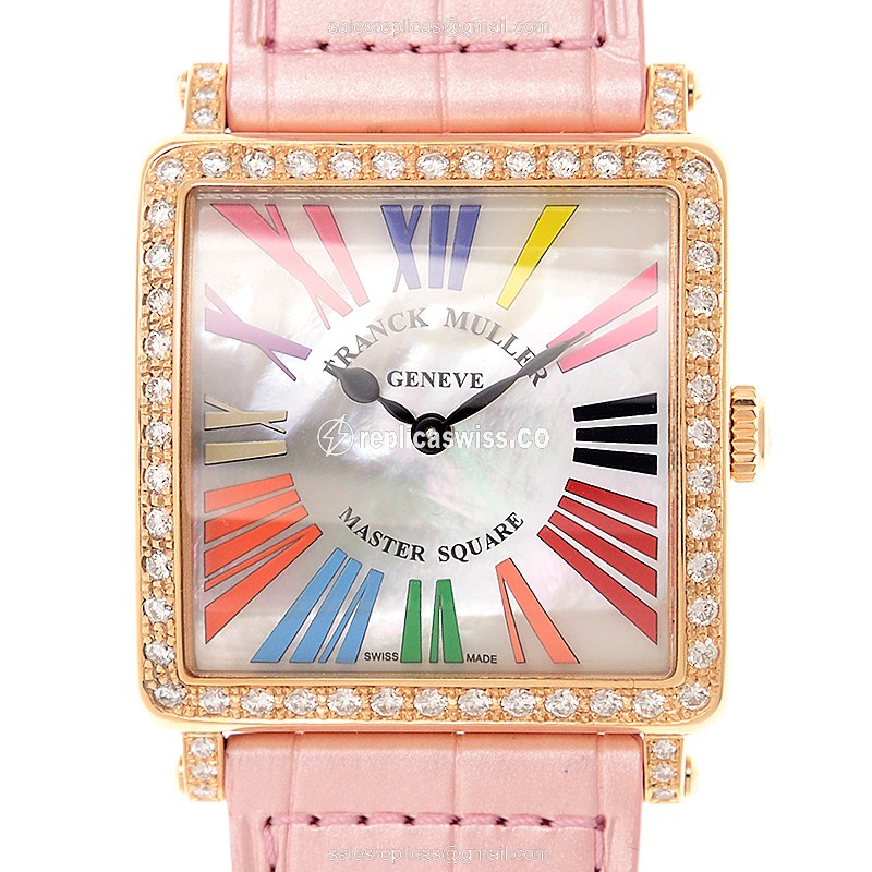 Elegant Franck Muller 6002 M B Replica in White Dial & Pink Alligator Strap, 18kt Rose Gold Case &