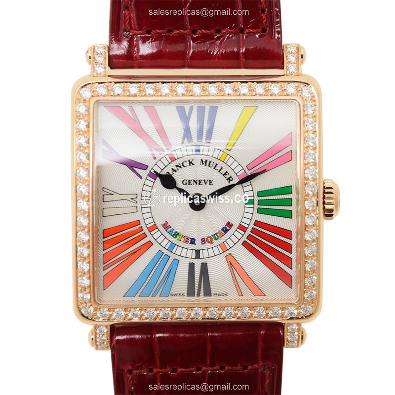 Elegant Franck Muller 6002 M Master Square Replica in 18kt Rose Gold, Diamond Bezel, Silver Dial on