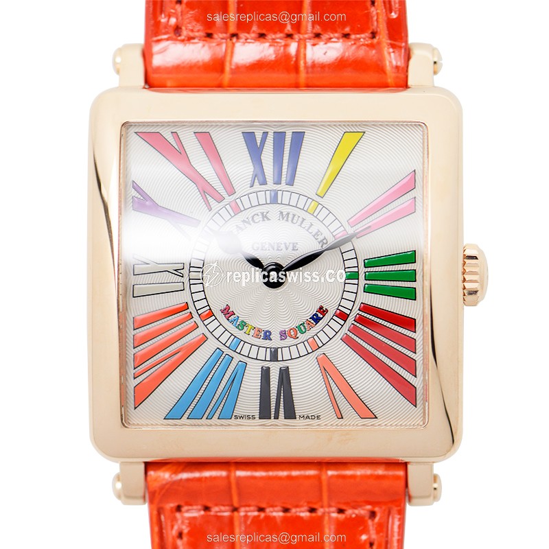 Elegant Franck Muller 6002 M Master Square Replica in 18kt Rose Gold, Silver Dial & Red Alligator