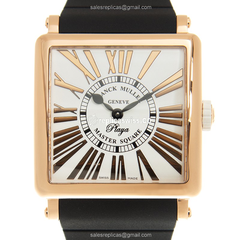 Elegant Franck Muller 6002 M QZ Replica in 18kt Pink Gold, White Dial & Black Rubber Strap, Crystal