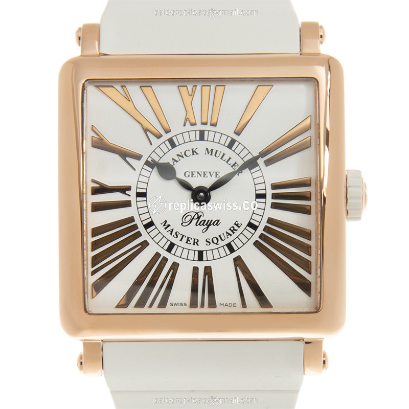 Elegant Franck Muller 6002 M QZ Replica with White Dial 18kt Rose Gold Case, Rubber Strap Watch
