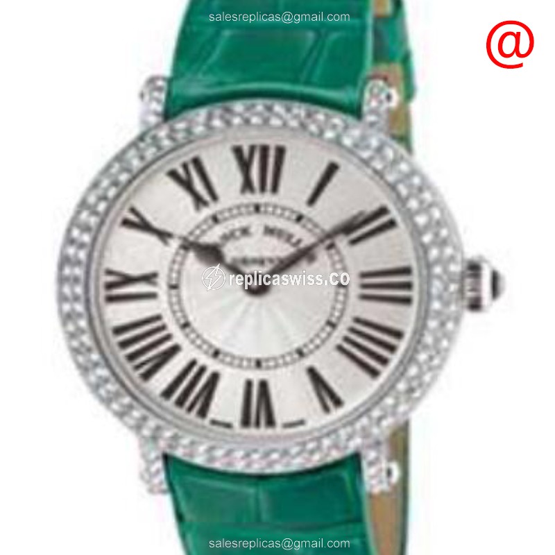 Elegant Franck Muller 8035 Quartz Replica with Silver Dial & Green Leather Strap, Diamond Bezels