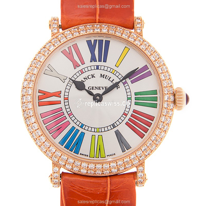 Elegant Franck Muller 8035 QZ Replica in 18kt Rose Gold, White Dial, Orange Leather Strap Watch