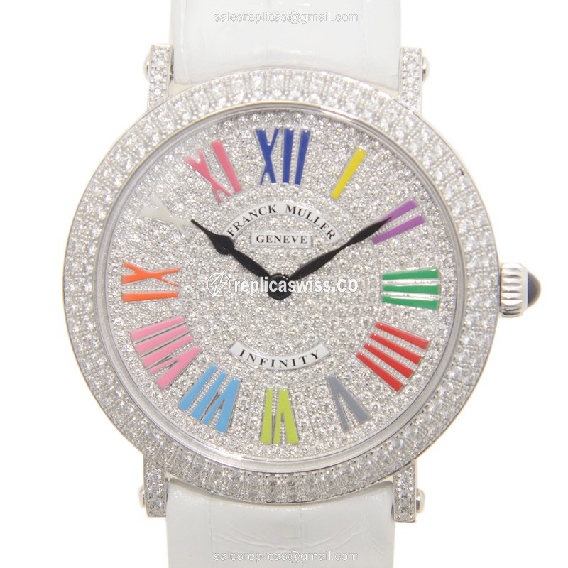 Elegant Franck Muller 8045QZ Quartz Replica, Silver Dial & Alligator Strap, 18kt White Gold Bezel