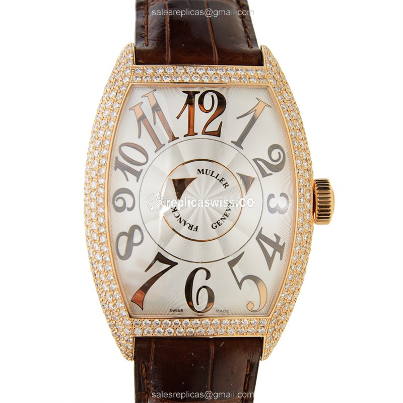 Elegant Franck Muller 8880 DM D Automatic 18kt Rose Gold Watch with Silver Dial & Brown Leather