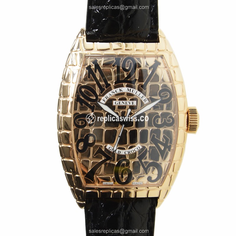 Elegant Franck Muller 8880 SC Gold Croco Automatic Watch with Black Alligator Strap Sapphire