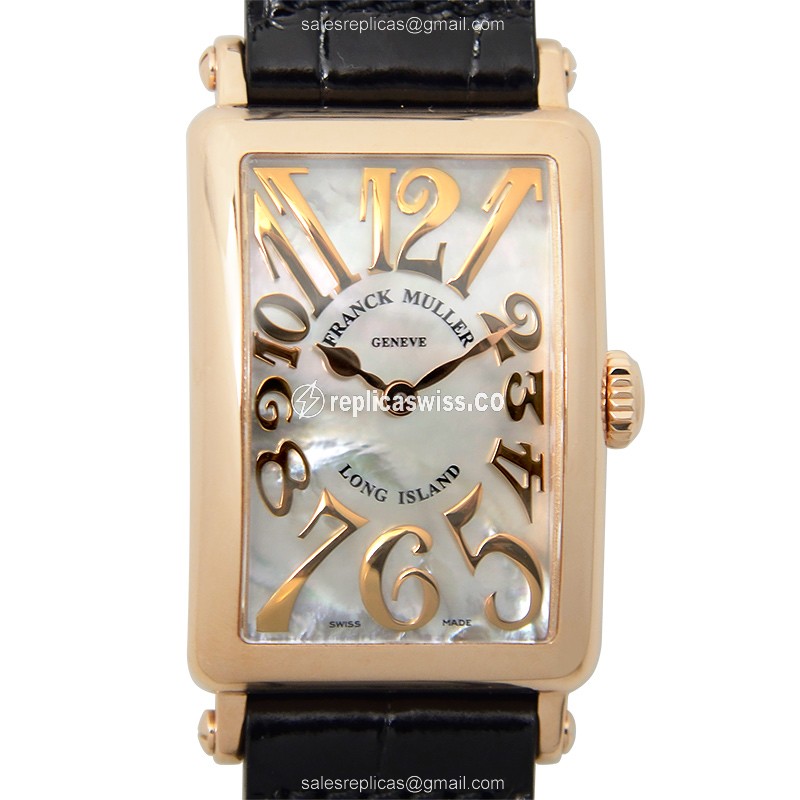 Elegant Franck Muller 902 QZ Long Island Replica in 18kt Rose Gold, Silver Dial & Alligator Strap