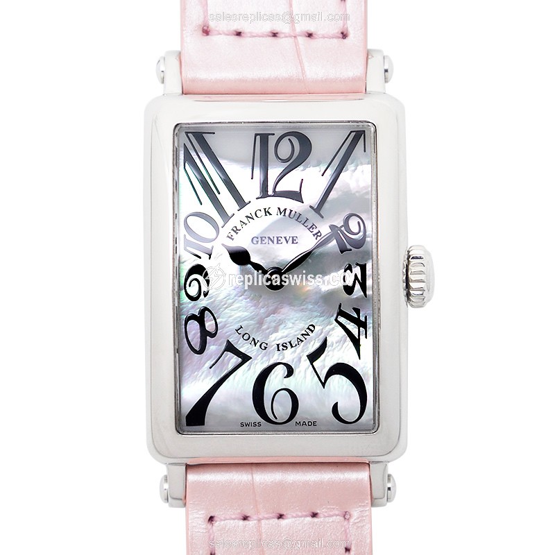 Elegant Franck Muller 902 QZ MOP LONG ISLAND Quartz Steel Watch with Silver Dial & Alligator Pink