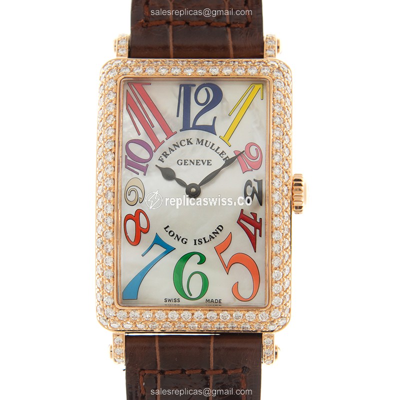 Elegant Franck Muller 952 Long Island Quartz Replica, White Dial, 18kt Rose Gold Case with Diamond