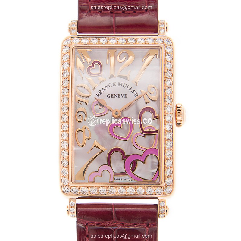 Elegant Franck Muller 952 QZ Replica in 18kt Rose Gold, White Dial, Red Alligator Strap with