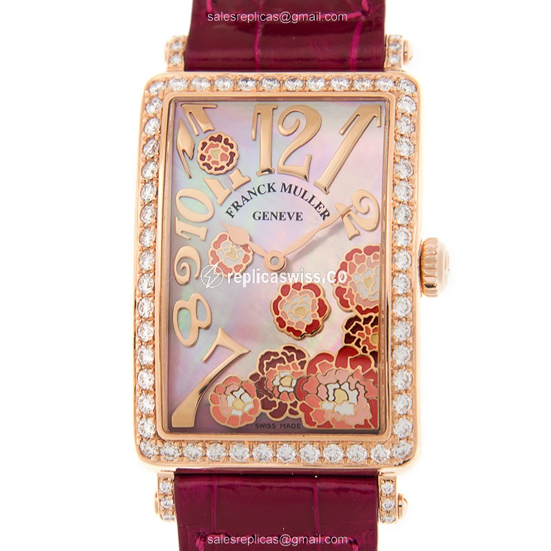 Elegant Franck Muller 952 QZ Replica in 18kt Rose Gold with White Dial & Red Alligator Strap Watch