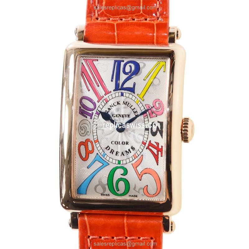 Elegant Franck Muller 952 QZ Replica in Silver Dial, 18kt Gold Case & Alligator Orange Strap Watch