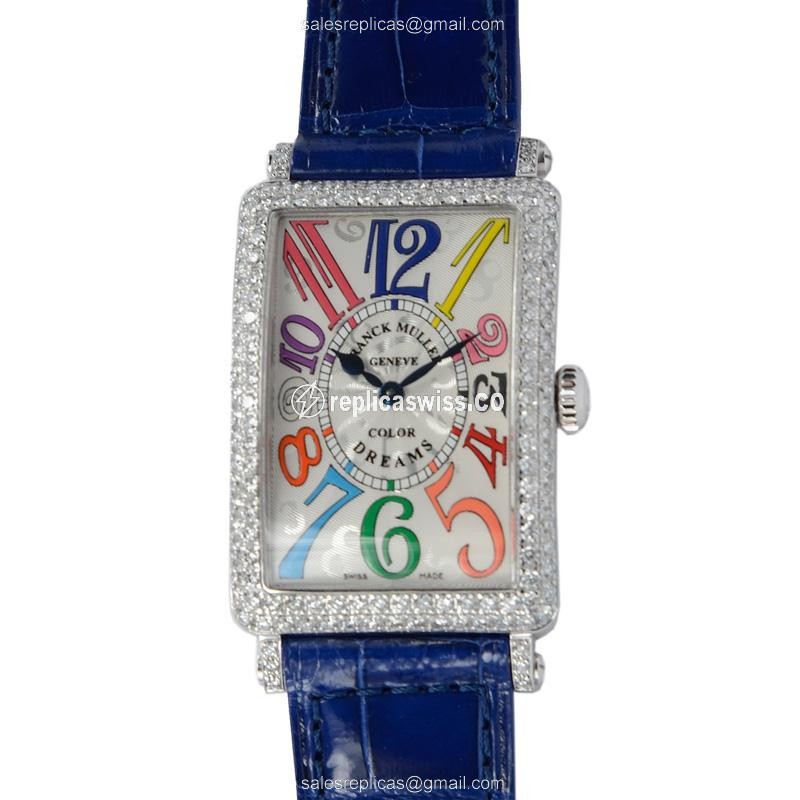 Elegant Franck Muller 952 QZ Silver Dial Replica in 18kt White Gold with Alligator Blue strap and