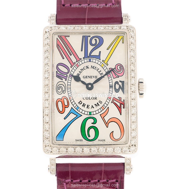 Elegant Franck Muller 952QZ Ladies Replica in 18kt White Gold with Silver Dial Purple Leather