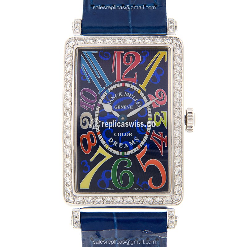 Elegant Franck Muller 952QZ Long Island Replica in Blue Dial, Stainless Steel Case with Diamond
