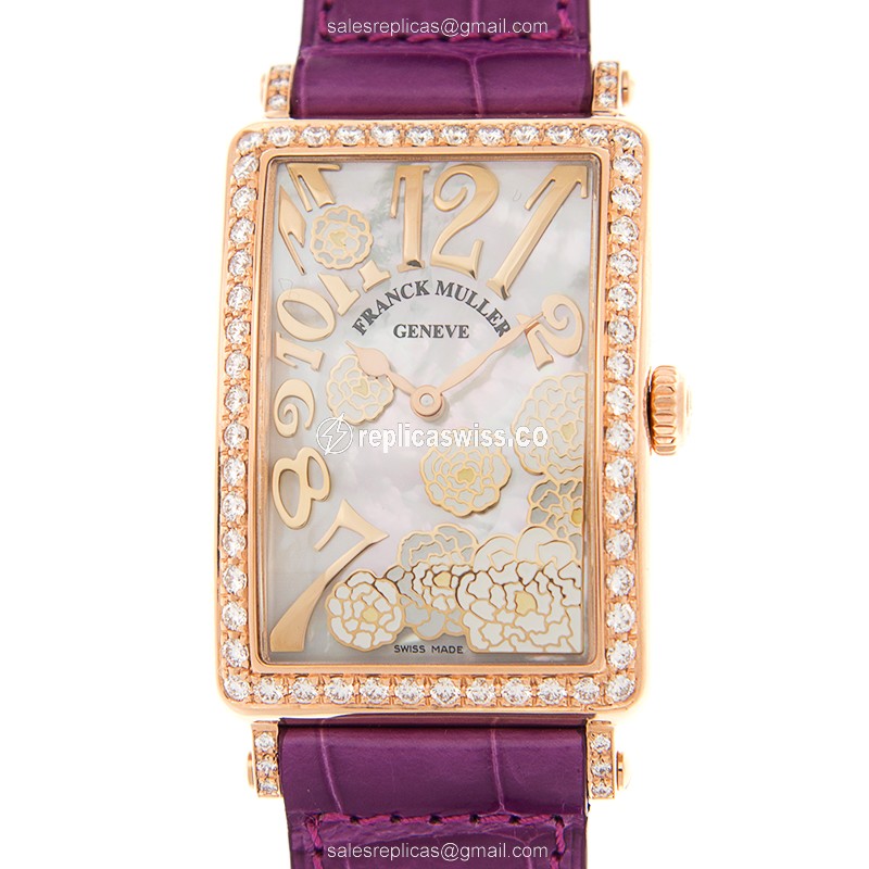 Elegant Franck Muller 952QZ Quartz Replica in 18kt Rose Gold with White Dial & Purple Alligator