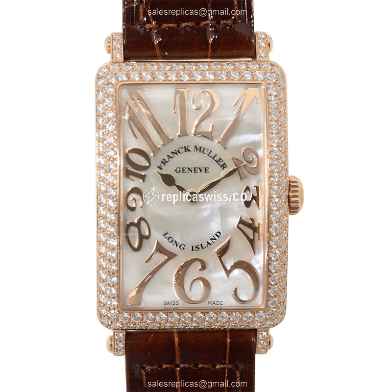 Elegant Franck Muller 952QZ Quartz Replica with White Dial, 18kt Rose Gold Case & Diamond Bezels