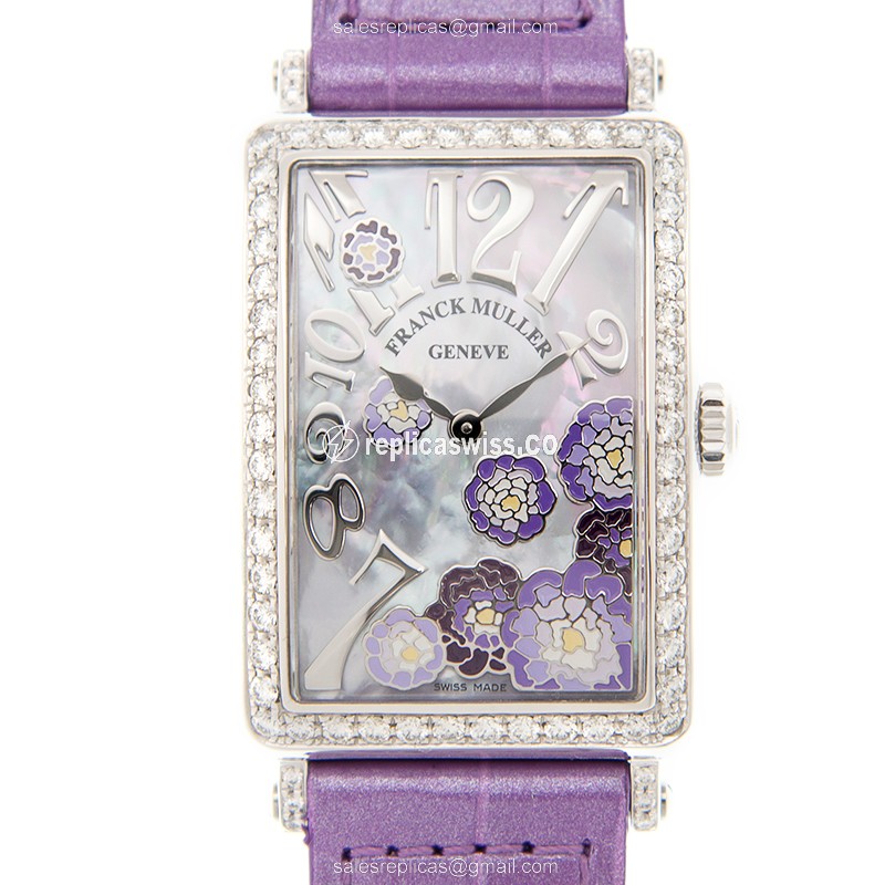 Elegant Franck Muller 952QZ Quartz Replica with White Dial & Diamond Case, Purple Alligator Strap