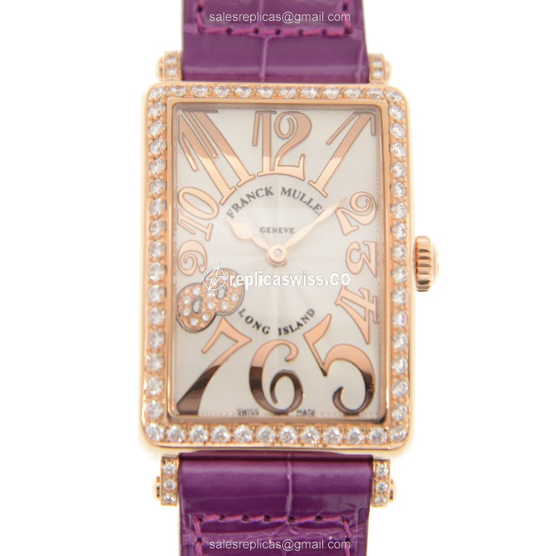 Elegant Franck Muller 952QZ Replica in White Dial, 18kt Rose Gold Case with Diamonds Purple
