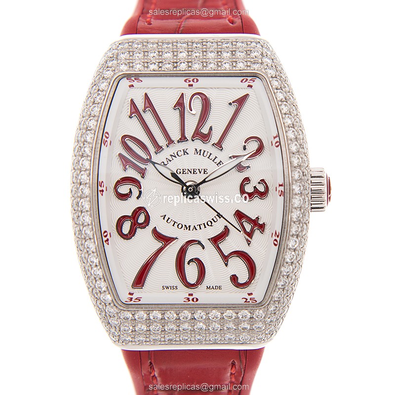 Elegant Franck Muller V 29 SC Vanguard Automatic Replica, White Dial & Diamond Case, Red Alligator