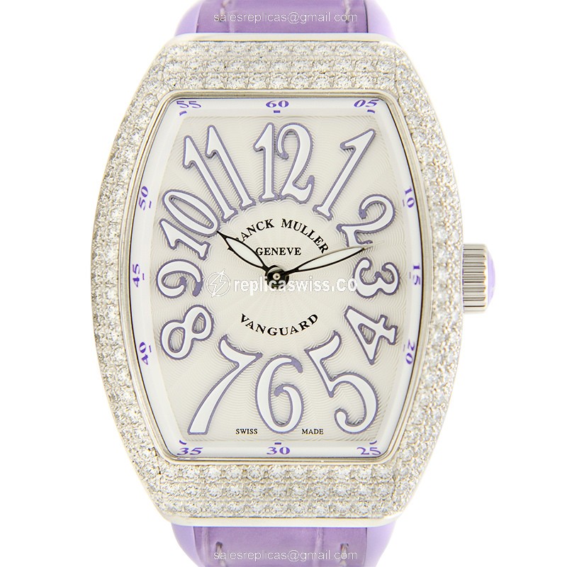 Elegant Franck Muller V 35 QZ D Vanguard Quartz Replica, White Dial & Diamond Case, Leather Strap