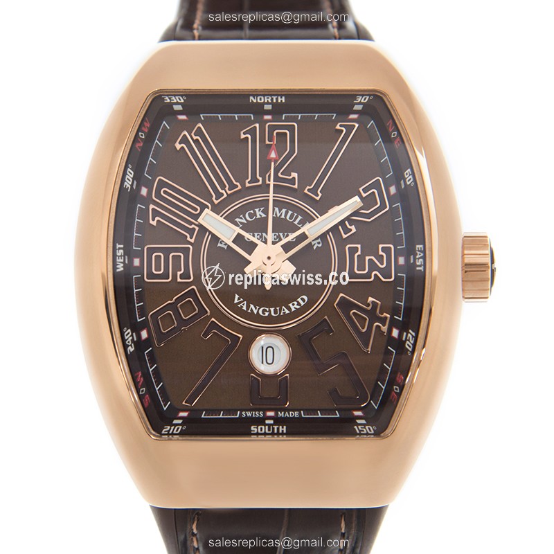 Elegant Franck Muller V 45 SC DT Vanguard Automatic, 18kt Rose Gold Case, Brown Dial & Leather