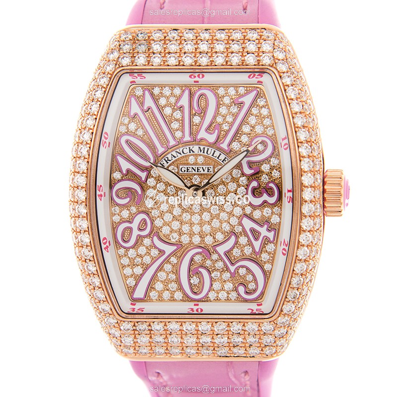 Elegant Franck Muller V29 QZ Quartz Replica, Pink Dial & 18kt Rose Gold Case with Diamond Accents