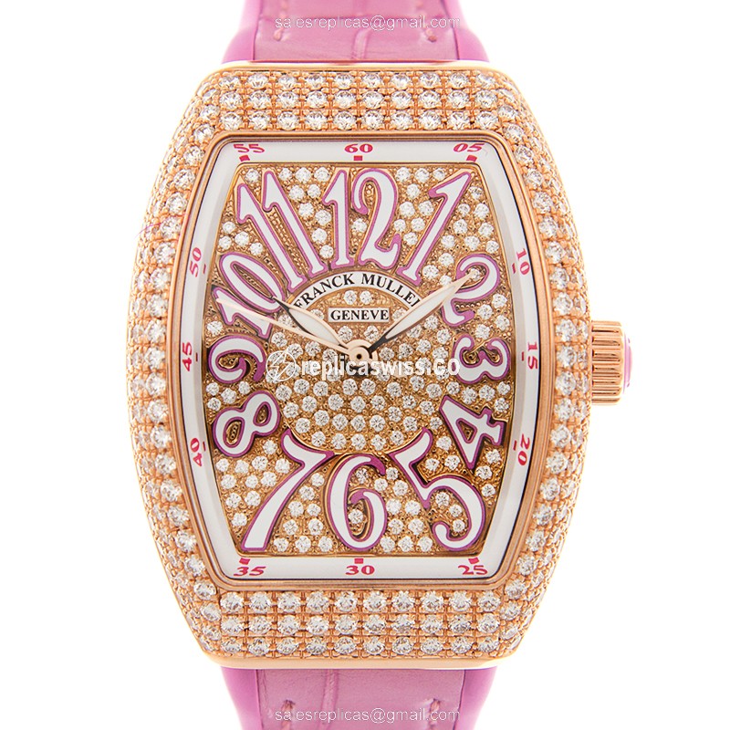 Elegant Franck Muller V29 SC Vanguard Automatic 18kt Rose Gold Watch with Diamond Bezel & Purple