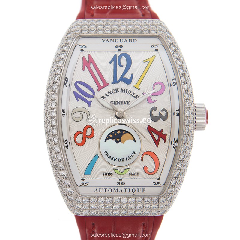 Elegant Franck Muller V32 Ladies Automatic Watch | Silver Dial & Ruby Bezel