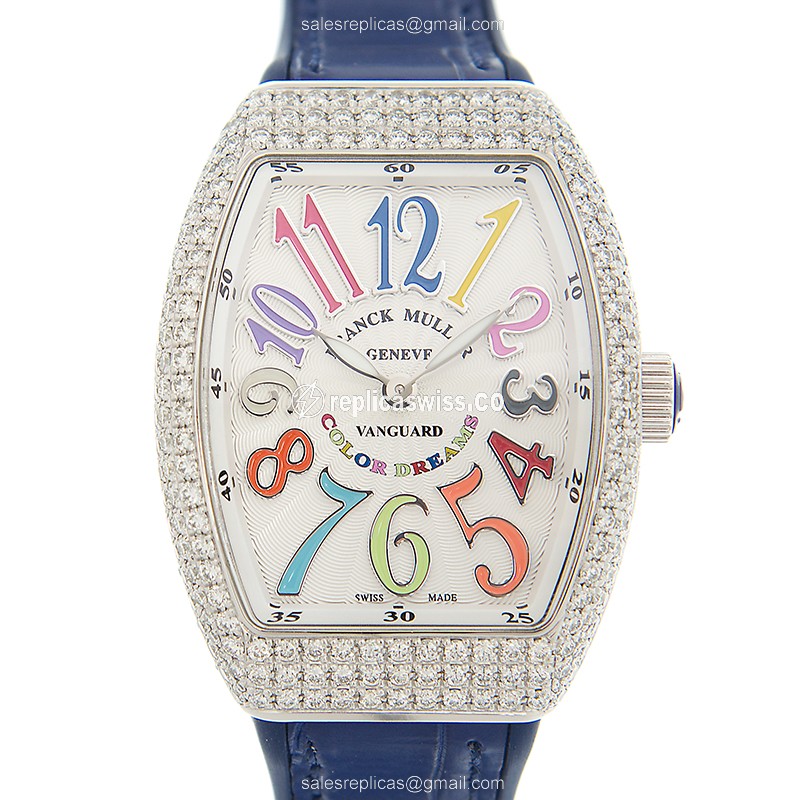 Elegant Franck Muller V32 QZ D COL DRM Vanguard Quartz Watch in White Dial & Blue Leather Strap