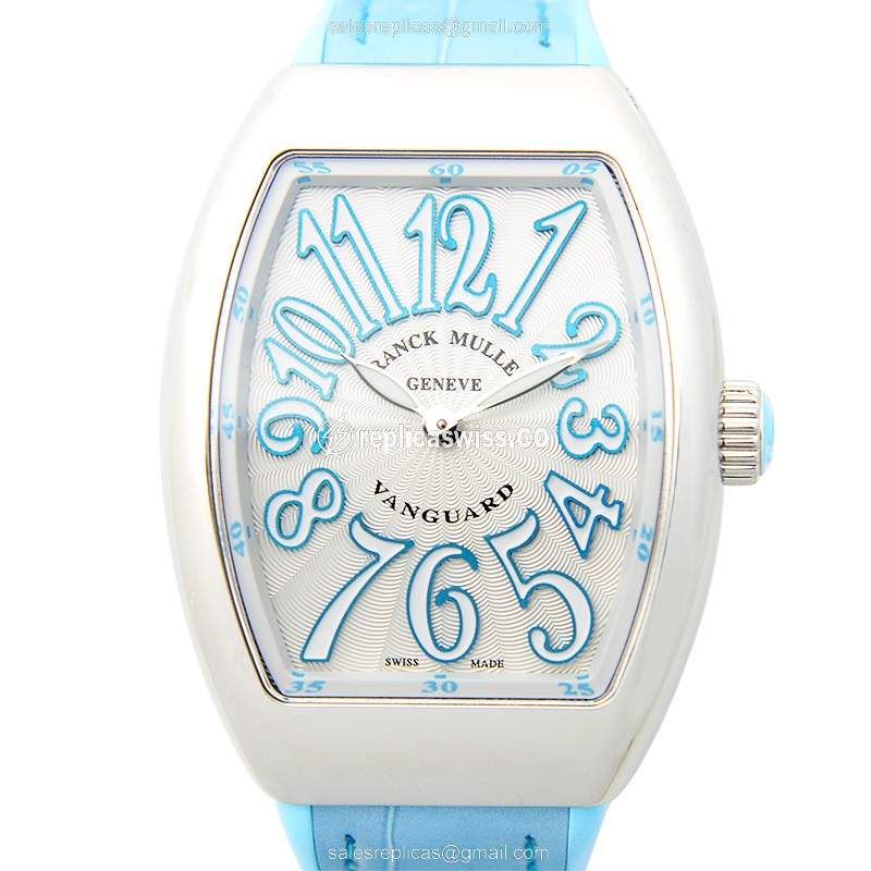 Elegant Franck Muller V32 QZ Vanguard Quartz Replica in Silver Dial & Leather Blue Strap Watch