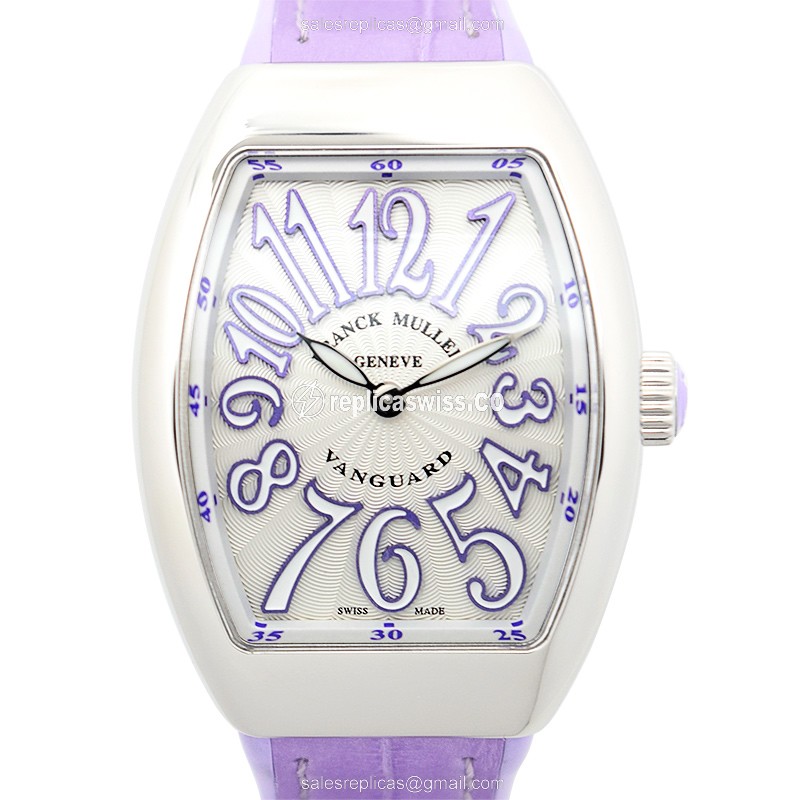 Elegant Franck Muller V32 QZ Vanguard Replica in Stainless Steel & Silver Dial, Leather Purple
