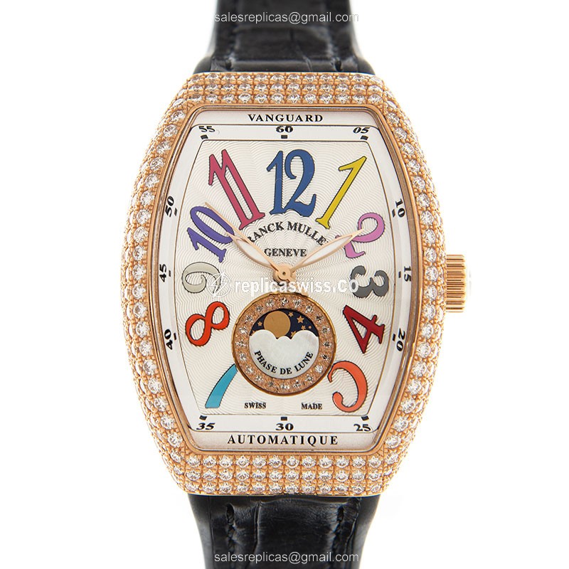 Elegant Franck Muller V32 SC Vanguard Automatic Watch in 18kt Rose Gold with White Dial Leather