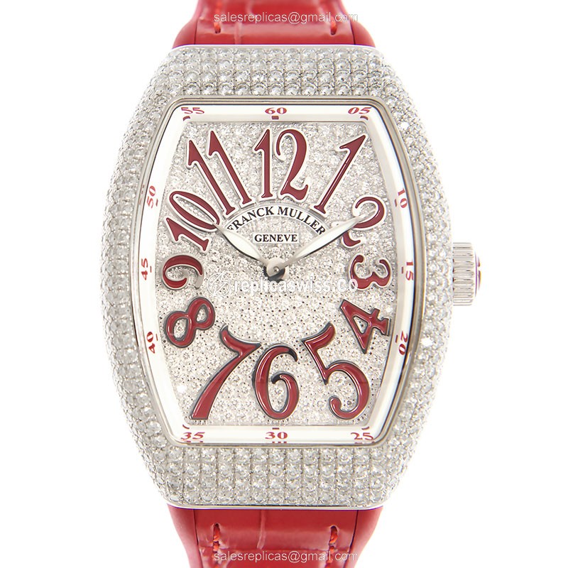 Elegant Franck Muller V35 Quartz Replica, Silver Dial, Stainless Steel Case & Red Leather Strap
