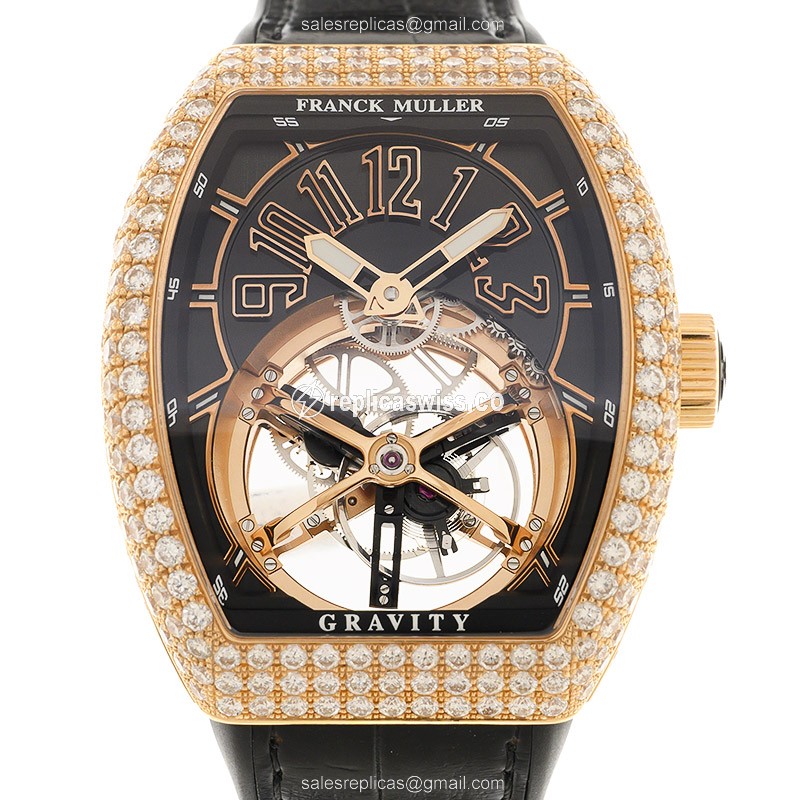 Elegant Franck Muller V45 Gravity CS D Manual Wind Watch, 18kt Rose Gold Case & Diamond Bezel