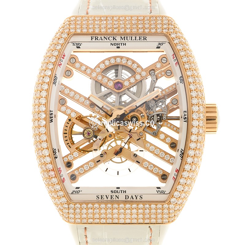 Elegant Franck Muller V45 S6 SQT Automatic Replica Watch | 18kt Rose Gold Case & Diamond Bezel