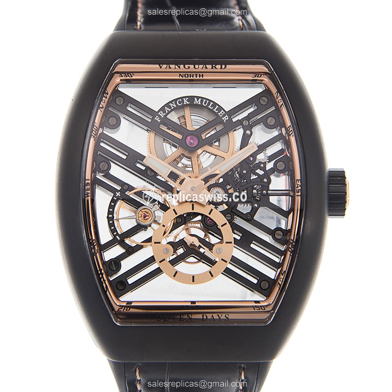 Elegant Franck Muller V45 S6 SQT Vanguard Manual Wind Replica in 18kt Rose Gold & Steel, Black Dial