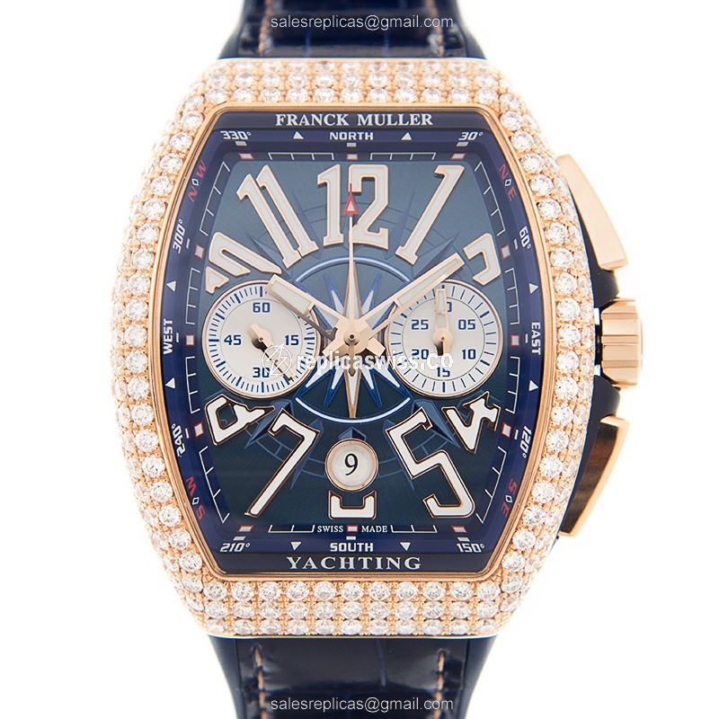 Elegant Franck Muller V45 Yachting Vanguard Replica in 18kt Rose Gold with Blue Dial & Leather