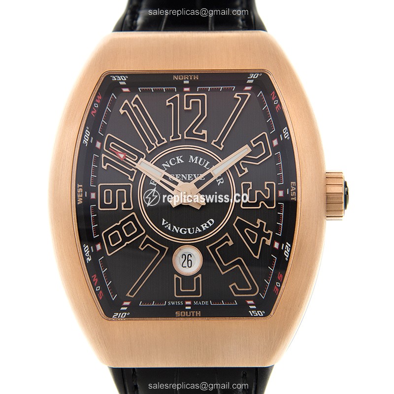 Elegant Franck Muller Vanguard Automatic 18kt Gold Watch with Black Dial Alligator Strap
