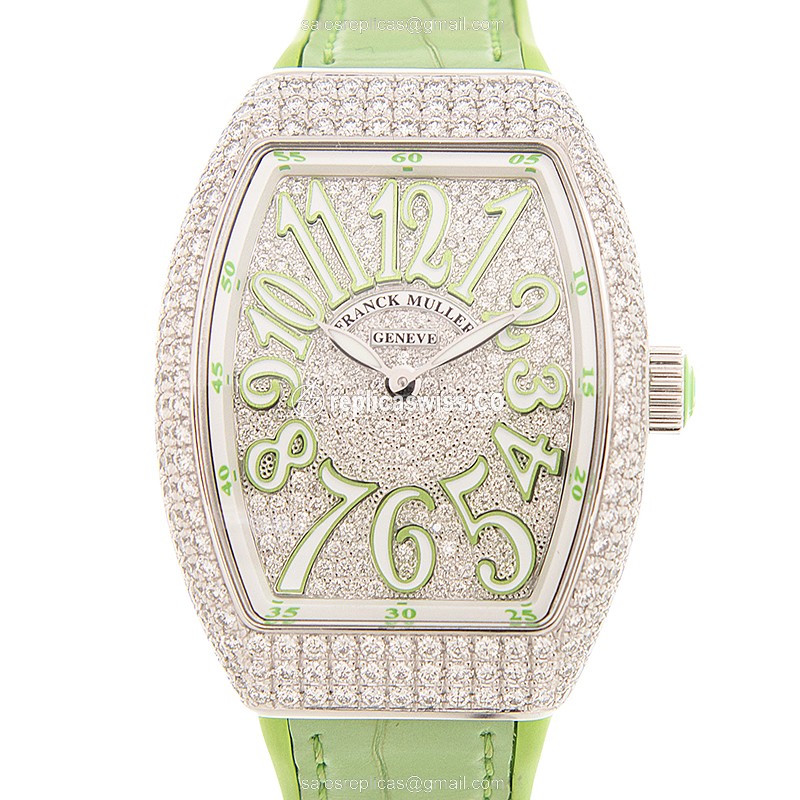 Elegant Franck Muller Vanguard Quartz Replica, Silver Dial, Diamond Bezels & Leather Strap Watch