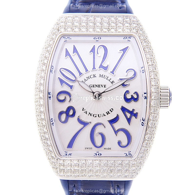 Elegant Franck Muller Vanguard Quartz Replica, White Dial, Blue Rubber Strap Watch