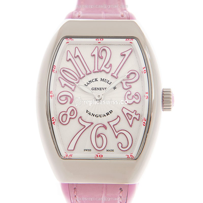 Elegant Franck Muller Vanguard QZ Replica with Silver Dial Leather Pink Strap Watch