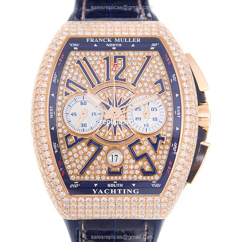 Elegant Franck Muller Vanguard Replica in 18kt Rose Gold, Automatic Movement, Blue Leather