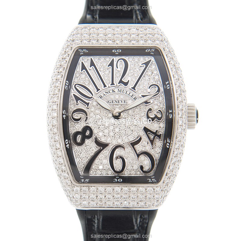 Elegant Franck Muller Vanguard Replica in Stainless Steel & Diamond Accents, Silver Dial & Leather