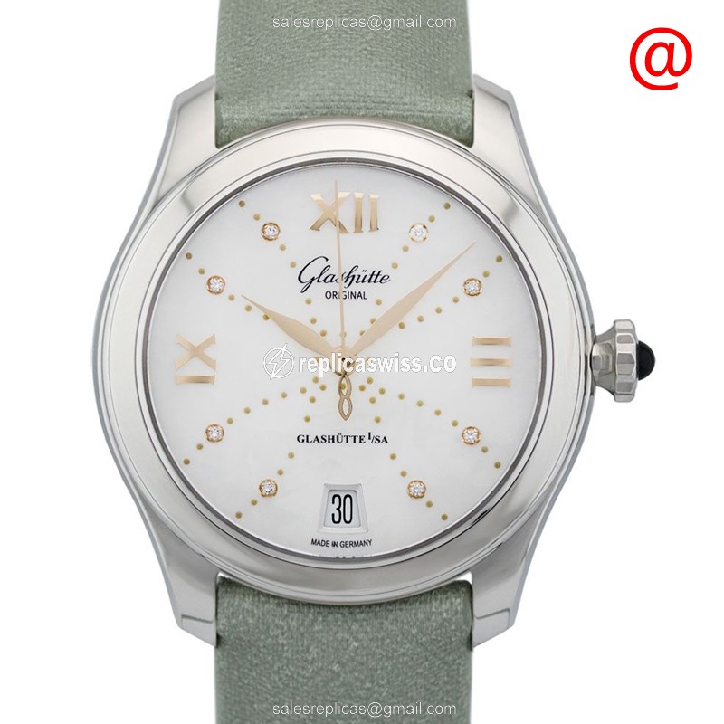 Elegant Glashutte LADIES Automatic Steel Watch with White Dial & Green Cowhide Strap
