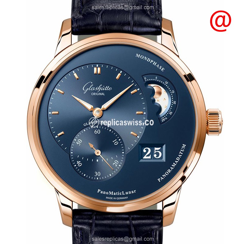 Elegant Glashutte PANO Automatic Replica, 18kt Rose Gold Case, Blue Dial & Alligator Strap Watch