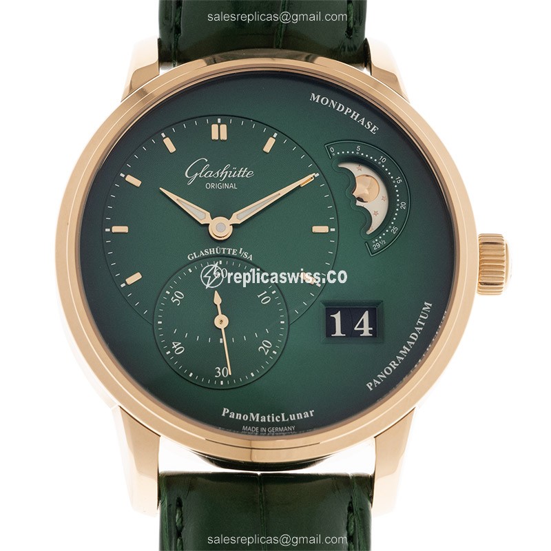 Elegant Glashutte PANO Automatic Replica in 18kt Rose Gold, Green Dial & Alligator Strap Watch