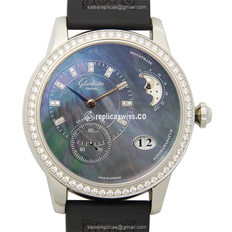 Elegant Glashutte PANO Automatic Replica in Stainless Steel & Sparkling Diamonds, Black Dial &