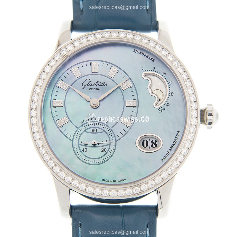 Elegant Glashutte PANO Automatic Replica Watch | Blue Dial, Stainless Steel Case & Alligator Strap